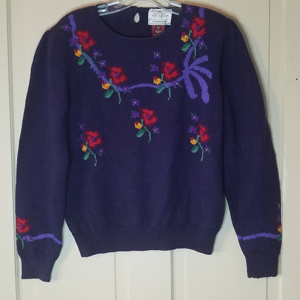VTG '80s/'90s 100% Wool Susan Bristol Hand Embroidered Floral "Grandma" Sweater